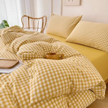 LifeTB Yellow Gingham Comforter Set Full Size Geometric Plaid Checkered Pattern Comforter Farmhouse Grid Plaid Bedding Comforter Set Soft Fluffy Lightweight Bedding Plaid Comforter for All Season