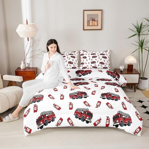 Feelyou Fire Truck Comforter Set Full Size Firefighter Bedding Set for Kids Boys Girls Emergency Vehicles Duvet Quilt Bedroom Decor Microfiber 3 Pcs with 2 Pillow Cases