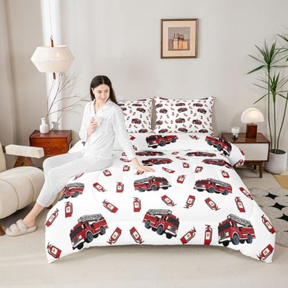 Feelyou Fire Truck Comforter Set Full Size Firefighter Bedding Set for Kids Boys Girls Emergency Vehicles Duvet Quilt Bedroom Decor Microfiber 3 Pcs with 2 Pillow Cases
