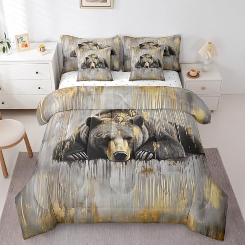 Erosebridal 7 Piece Grizzly Bear Comforter Set Full Hunting Bear Bedding Set Country Farmhouse Woodland Animal Bed in a Bag Vintage Golden Paint Sheet Set with Comforter Rustic Cabin Decor