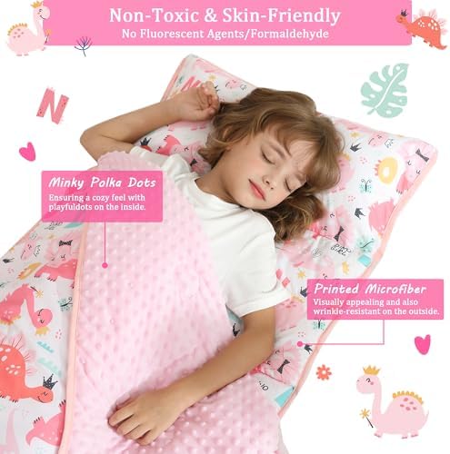 Toddler Nap Mat for Preschool 50''x30'' Sleeping Mat with Removable Pillow and Minky Blanket for Kids Ages 3-7 Roll Up Soft Sleeping Bag for Boys Girls Kindergarten Daycare Sleepover