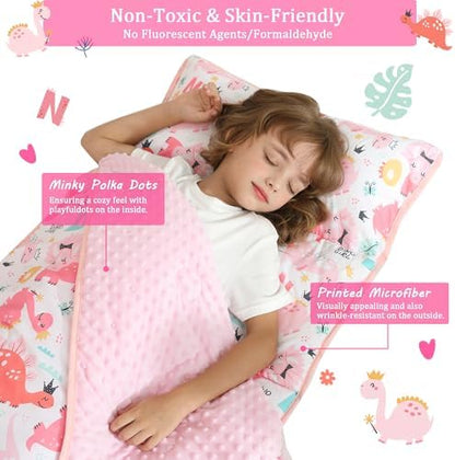Toddler Nap Mat for Preschool 50''x30'' Sleeping Mat with Removable Pillow and Minky Blanket for Kids Ages 3-7 Roll Up Soft Sleeping Bag for Boys Girls Kindergarten Daycare Sleepover