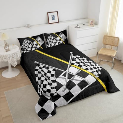 Manfei Race Car Flag Comforter Set King Size, Black White Checkered Flag Bedding Set 3pcs for Kids Boys Girls, Racing Game Sport Theme Quilt Set Abstract Plaid Duvet Set with 2 Pillowcases