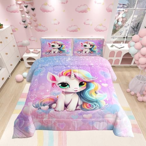 Manfei Cute Unicorn Comforter Set King Size, Pink Blue Glitter Princess Bedding Set 3pcs, Girls Woman Bedroom Decor, Cartoon Kawaii Down Comforter for Kids, Girly Dreamy Duvet Insert, 2 Pillowcases