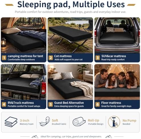 CYMULA Memory Foam Camping Mattress Pad,Sleeping Pad for Camping,Non-Slip Bottom Floor Car Mattress Bed with Retaining Portable Roll up Mattress Pad Mat for Travel Truck Guest Bed Tent