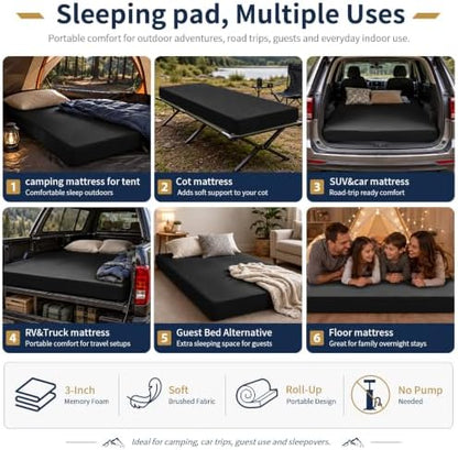 CYMULA Memory Foam Camping Mattress Pad,Sleeping Pad for Camping,Non-Slip Bottom Floor Car Mattress Bed with Retaining Portable Roll up Mattress Pad Mat for Travel Truck Guest Bed Tent