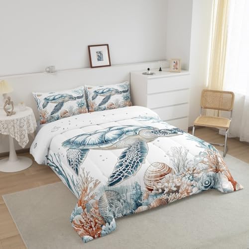 Homewish Sea Turtle Comforter Set Full Size,Ocean Coral Shells Bedding Set 3Pcs for Kids Girls Boys Adult Room Decor,Underwater World Quilt Set Wild Animals Duvet Insert,2 Pillowcases
