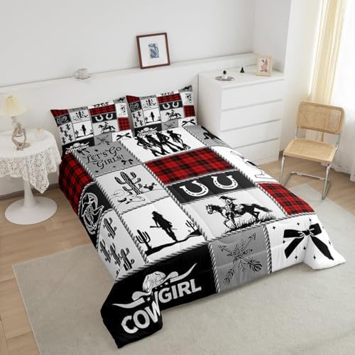 Western Cowgirl Kid Comforter Set King Size,Cactus Horseshoe Cow Skull Geometric Patchwork Bedding Set,Girls Women Room Decor,Bowknot Arrow Boho Down Comforter,Red Xmas Duvet Insert,2 Pillowcases