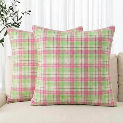 AVOIN colorlife Spring Summer Green Pink Plaid Decorative Throw Pillow Covers, 18 x 18 Inch Holiday Scottish Tartan Cushion Case Farmhouse Decoration for Sofa Couch Set of 2