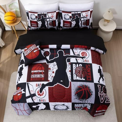 Aimuan Basketball Bedding Set for Boys Kids Teens, Soft Black and Red Sports Geometric Grid Patchwork Theme Basketball Bedding Sets Full Size, Black-Red