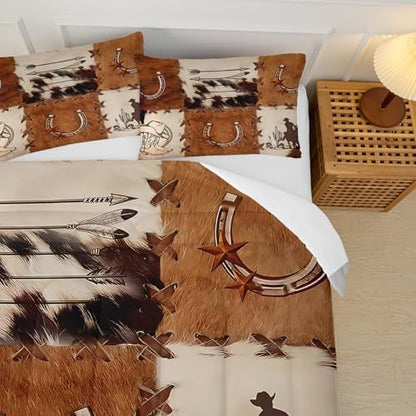 Brown Cowhide Patchwork Cow Print Comforter Set King,Western Cowboy Bedding Set for Boys Girls,Animal Cowhide Bedding Set,Soft Microfiber Western Quilt Set for Bedroom Decor