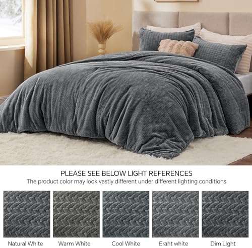 ChiXpace Fleece Queen Comforter Set Grey, Fluffy Flannel Bed Set 3 Pieces