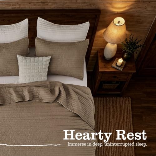 DOWN HOME Twin Quilt Bedding Set with Sham, Vintage Washed Soft Quilted Blanket Thin Comforter Lightweight Bedspread Coverlet Bed Cover, Brushed Microfiber Stripe Stitching, Brown, 66"x92"