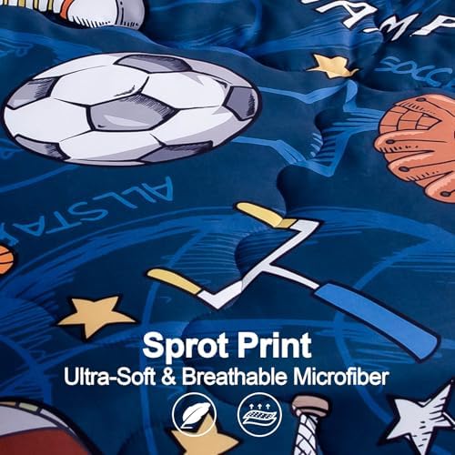 Wajade Sports Comforter Set Bed in A Bag Twin Size 7 Piece 3D Soccer Basketball Baseball Football Bedding Set for Kids Boys (1 Comforter, 1 Flat Sheet, 1 Fitted Sheet, 2 Pillowcase and 2 Pillow Sham)