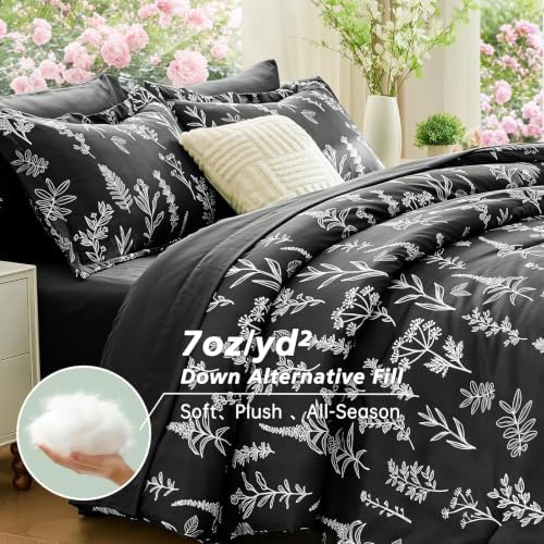 MUXHOMO Oversized King Comforter Set, Black Elegant Floral Print Bed in a Bag 7 Pieces, Ultra Soft & Breathable Reversible Botanical Pattern Bedding Set with Comforter, Sheets, Pillowcases, and Shams