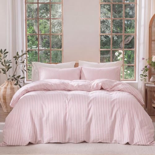 Bedbay Pink Striped Duvet Cover Set Queen Size, 100% Cotton 300TC Sateen, Dusty Rose Fine Stripe Bedding, Soft Smooth Breathable Luxury Sateen Set, 3 Pieces