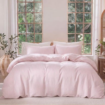 Bedbay Pink Striped Duvet Cover Set Queen Size, 100% Cotton 300TC Sateen, Dusty Rose Fine Stripe Bedding, Soft Smooth Breathable Luxury Sateen Set, 3 Pieces