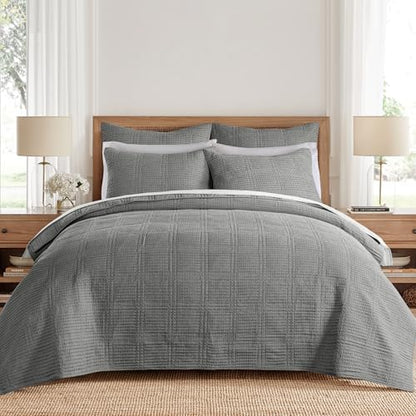 Levtex Home Cloud Waffle Twin XL/Twin Quilt Set (68x86in) with 1 Pillow Sham (26x20in) - Box Quilted Waffle Cotton Texture - Grey - Cotton Twin Size Quilt Bedding Set - Lightweight, Soft, Pre-Washed