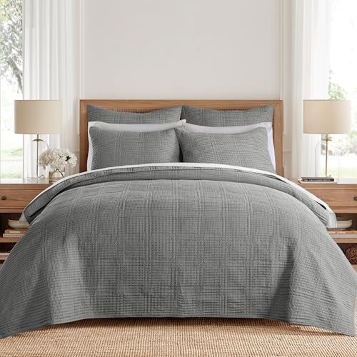 Levtex Home Cloud Waffle King/Cal King Quilt Set (106x92in) and 2 Pillow Shams (36x20in) - Box Quilted Waffle Cotton Texture - Grey - Cotton King Size Quilt Bedding Set - Lightweight Soft Pre-Washed