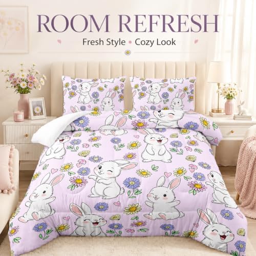 AILONEN Rabbit Comforter Set Twin Size, Cute Bunny Bedding Set,Girls Kids Kawaii Comforter Set,Colorful Daisy Floral Duvet Set 3 Pieces, 1 Quilt and 2 Pillowcases