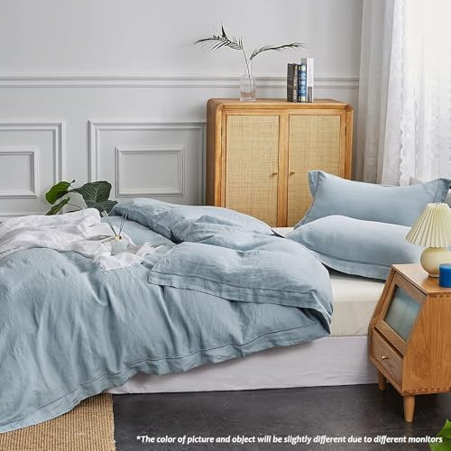 Simple&Opulence 100% Linen Duvet Cover Set with Embroidery Border Washed - 3 Pieces (1 Duvet Cover & 2 Pillow Shams) with Button Closure Soft Breathable Farmhouse - Dusty Blue, Full Size