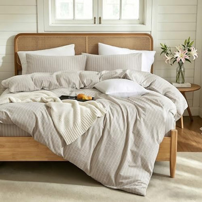 Striped Duvet Cover Set 3 Piece 100% Washed Cotton Linen Like Textured Bedding Comfy Breathable Lightweight (Queen, Wide Stripe-Beige Grey/White)