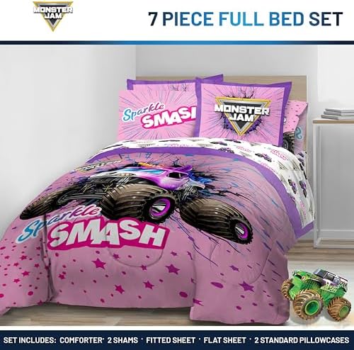 Monster Jam Full Comforter Set 7 Piece Kids Bedding for Girls, Pink