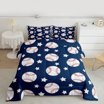 Castle Fairy Baseball Comforter Set Full,Vintage White Graffiti Star Bedding Set 3pcs for Kids Boys Teens Room Decor,Ball Sports Games Duvet Insert Navy Blue Quilted Duvet with 2 Pillowcases