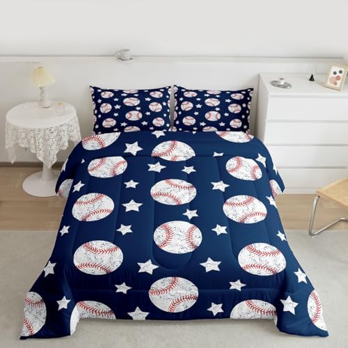 Castle Fairy Baseball Bedding Set Queen,Vintage White Graffiti Star Comforter Set 3pcs for Kids Boys Teens Room Decor,Ball Sports Games Duvet Insert Navy Blue Quilted Duvet with 2 Pillowcases
