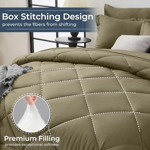 HEVUMYI 7-Piece California King Comforter Set, Olive Green Bed in a Bag