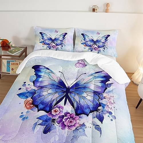 HOSIMA Floral Purple Butterfly Comforter-Soft Microfiber,Fantasy Butterfly Aesthetics Queen Size Bed in a Bag for Kids Girls Teens Women,Mandala Preppy Bedding 3Piece with 2 Pillow Shams.