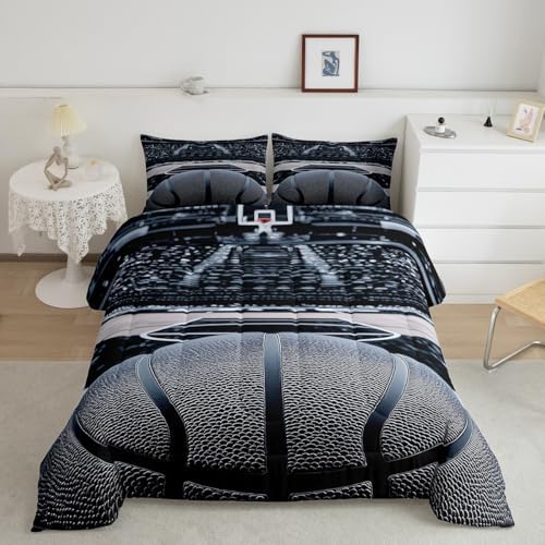 Castle Fairy 3D Basketball Bedding Set Queen Size Modern Basketball Gym Comforter Set for Kids Boys Bedroom Decor Sports Competition Theme Soft Duvet Insert Cool Ball Games Down Comforter Set,3Pcs