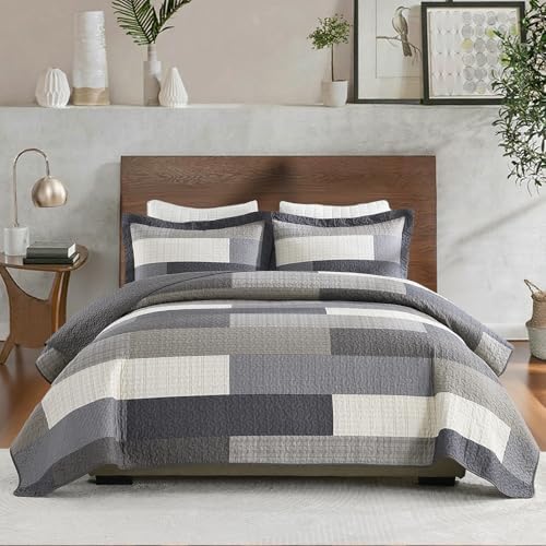 Finlonte King Quilt Bedding Set - 100% Cotton King Quilt Sets with 2 Pillowshams, Farmhouse Plaid Stripe Quilted Bedspread, Lightweight Soft Comforter for All Season, Charcoal/Brown/Beige/Gray