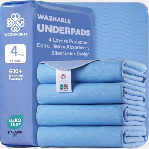 Accompagner Incontinence Bed Pads Washable Waterproof, Ultra-Absorbent Reusable Underpads for Diaper Changing, Nursing, Bedridden, Adults, Seniors, Kids and Dogs (Blue, 36"x36"(Pack of 4))