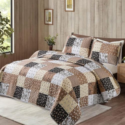 Mybedsoul Brown Quilt Set Twin Size Dorm Bedding, Patchwork Bedding Set