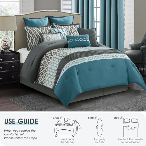 LANCO MODERN LIFESTYLE King Size Comforter Set, Blue, 12 Piece Room in a Bag for All Seasons, Luxury Extreme Comfort Bedding Sets with Curtains, Bedskirt, Pillow Shams, Euro Shams and Decor Pillows