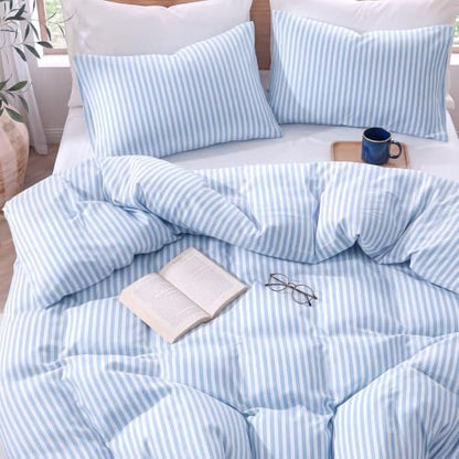 Bedbay Blue Striped Queen Duvet Cover Set, 100% Cotton 300TC Sateen, Light Blue Fine Stripe Bedding, Soft Smooth Breathable Coastal Sateen Set, 3 Pieces