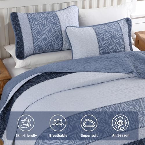 Cottolester Full Size Quilt,3 Pcs Mineral Blue Striped Plaid Bedspread