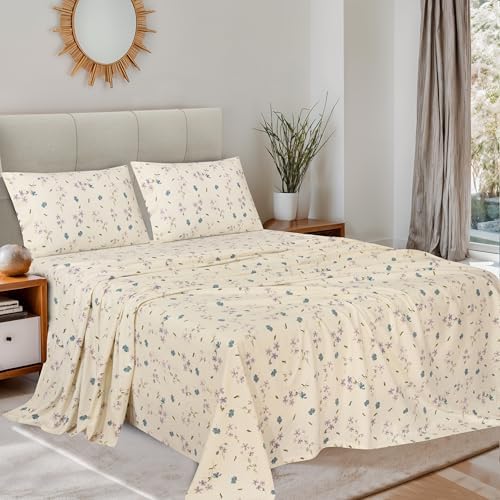 RUVANTI 100% Cotton Flannel Sheets Twin Size, 3 Pcs, Jasmine Stamp Cream
