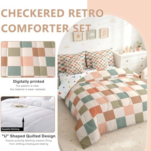 Feelyou Multicolored Checkered Retro 7 Piece Bedding Set Kids Boys Geometric Vintage Comforter Set with Sheets Queen Size Ivory White Colorful Bed in a Bag Modern Simple Groovy Aesthetic Room Decor