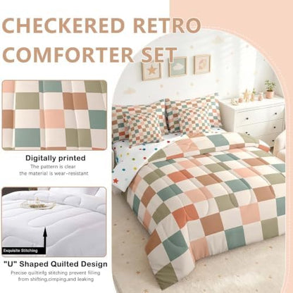 Feelyou Multicolored Checkered Retro 7 Piece Bedding Set Kids Boys Geometric Vintage Comforter Set with Sheets Full Size Ivory White Colorful Bed in a Bag Modern Simple Groovy Aesthetic Room Decor