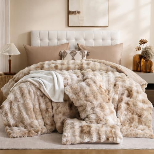 YIKUSH King Faux Fur Soft Comforter Set, Fluffy Bedding Set, Tiedye Beige
