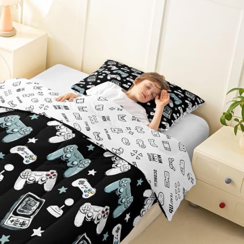 Castle Fairy Gamepad Twin Size Comforter Set,Video Gaming Black Duvet Set Soft Bed Collection,Kids Games Consoles Bedding Comforter for Boys Girls Bedroom,2 Pcs