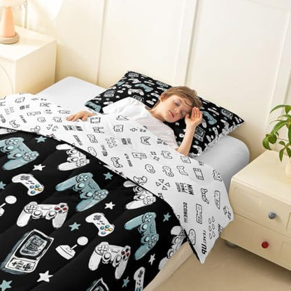 Castle Fairy Gamepad Twin Size Comforter Set,Video Gaming Black Duvet Set Soft Bed Collection,Kids Games Consoles Bedding Comforter for Boys Girls Bedroom,2 Pcs