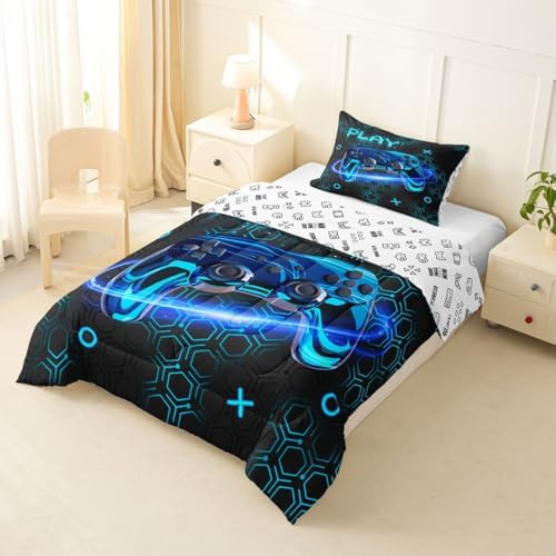 Feelyou Gamer Kids Comforter Set Toddler Size Gaming Bedding Set Game Room Decor Duvet Quilt for Kids Boys Girls Bedroom Gamepad Decor Blue Microfiber Ultra Soft Breathable