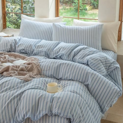 Striped Duvet Cover Set King Size 3 Piece 100% Washed Cotton Linen Feel Bedding Comfy Breathable Modern Farmhouse (King, Double Stripe-Light Blue/White)