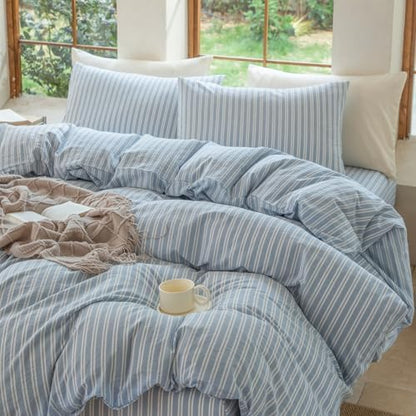 Striped Duvet Cover Set King Size 3 Piece 100% Washed Cotton Linen Feel Bedding Comfy Breathable Modern Farmhouse (King, Double Stripe-Light Blue/White)