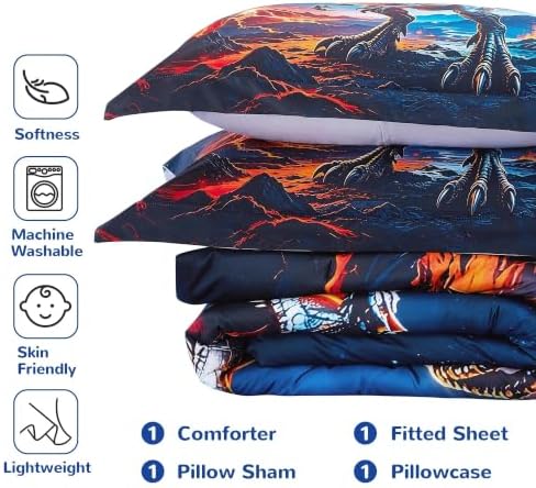 Viviland Kids Bedding Set Twin Size Comforter Sets, Bed in Starry Dinosaur Cover Set for Children