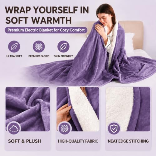 Electric Blanket Twin Size，62"x84" Heated Blanket with Overheating Protection, Extremely Cozy Soft Fast Heating with 5 Levels & 10 Hours Auto Off, Lavender Violet