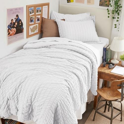 HYMOKEGE White Twin XL Comforter Set Seersucker 5 Pieces, All Season Luxury Bed in a Bag for Bedroom, Bedding Set with Comforter, Sheets, Pillowcase & Sham